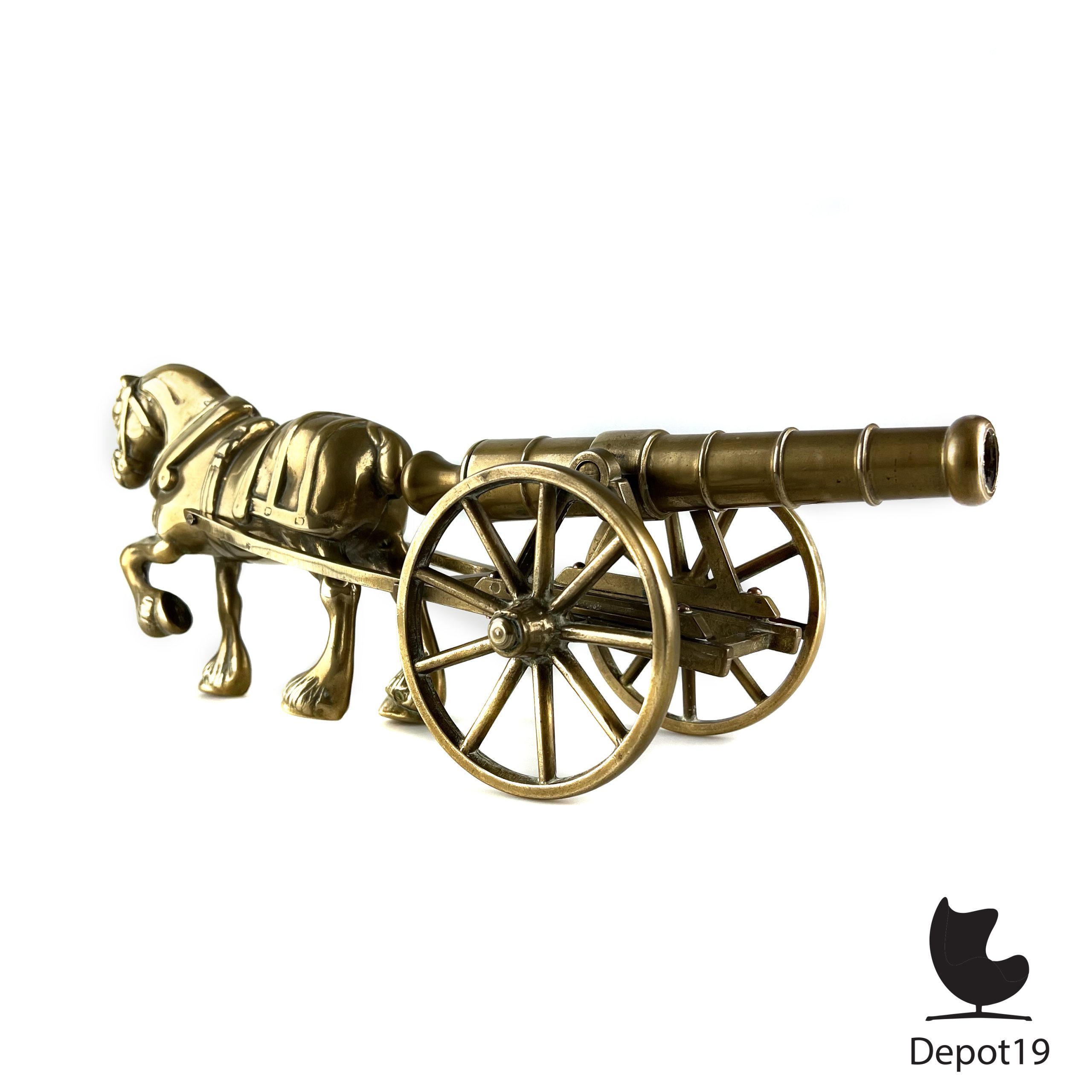 Massief messing trekpaard met artilleriekanon vintage 1950s - Afbeelding 6