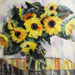 Béla Szilágyi schilderij zonnebloemen olieverf paletmes op board Roemenië 1970s 2