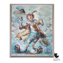 Brenda Polsky Morgan Childs schilderij Clown met paraplu olieverf 1970s 1