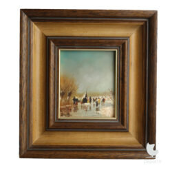 Dolf Karelsen schilderij winterlandschap schaatsers en molen olieverf op paneel totaal