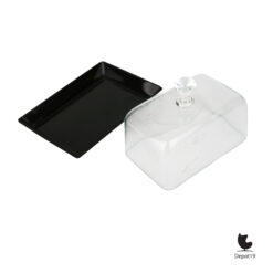 Leerdam (toegeschreven) glazen kaasstolp zwarte basis ca 1900 delen