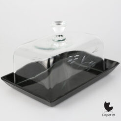 Leerdam (toegeschreven) glazen kaasstolp zwarte basis ca 1900