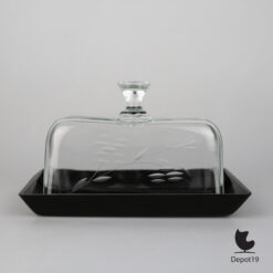 Leerdam (toegeschreven) glazen kaasstolp zwarte basis ca 1900 zijaanzicht