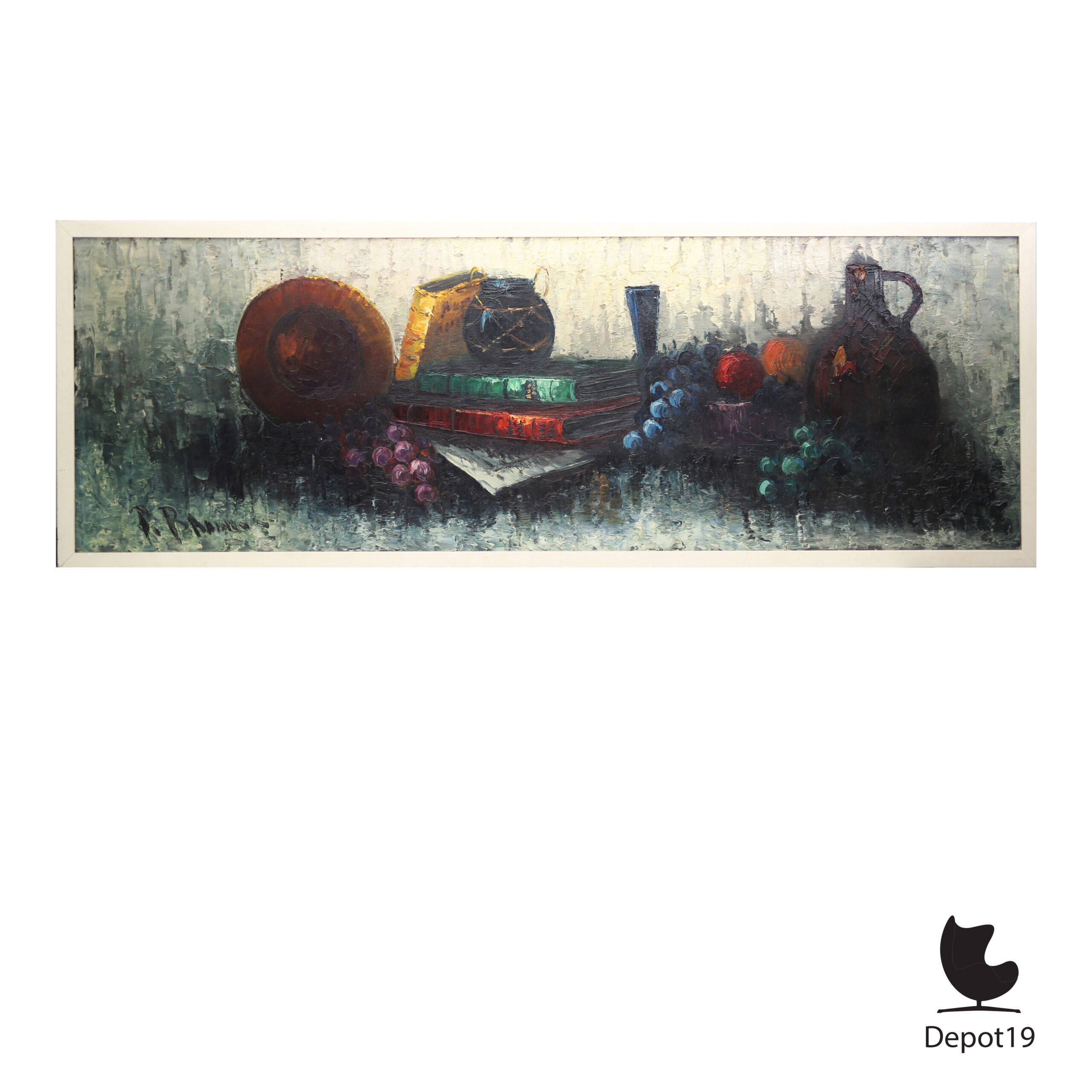 Peter Brouwer Stilleven met boeken en fruit Olieverf op doek 1970s 1