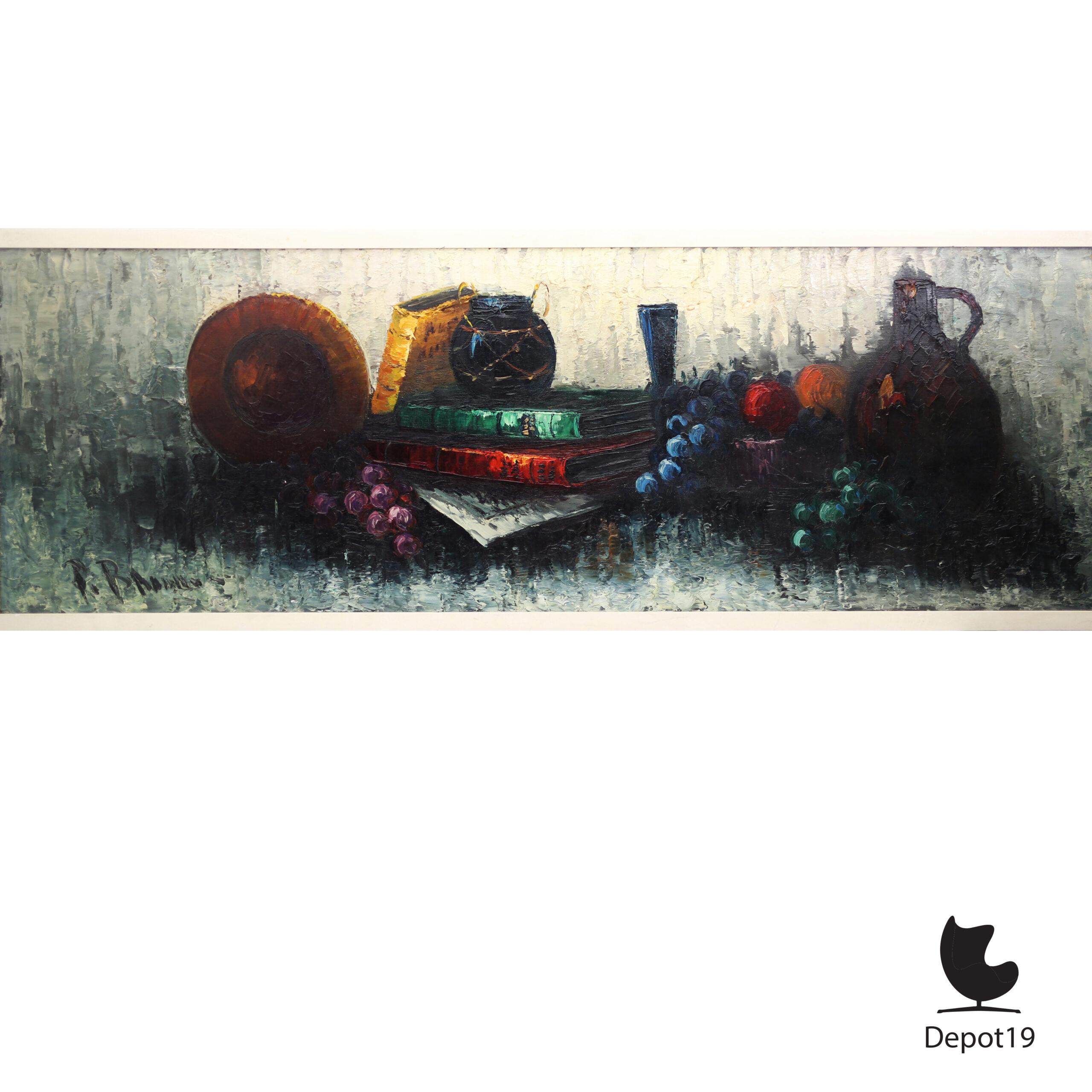 Peter Brouwer Stilleven met boeken en fruit Olieverf op doek 1970s 2