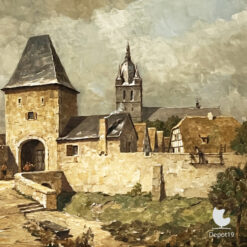 Walter Hemming Brilon stadspoort olieverf op board schilderij 57x47 detail