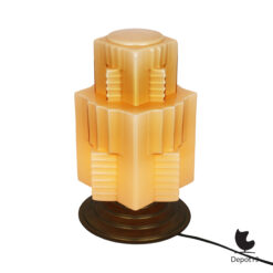 Britse Art Deco skyscraperkap tafellamp amberkleurig persglas ca 1930 2