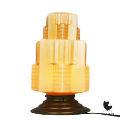 Britse Art Deco skyscraperkap tafellamp amberkleurig persglas ca 1930 4