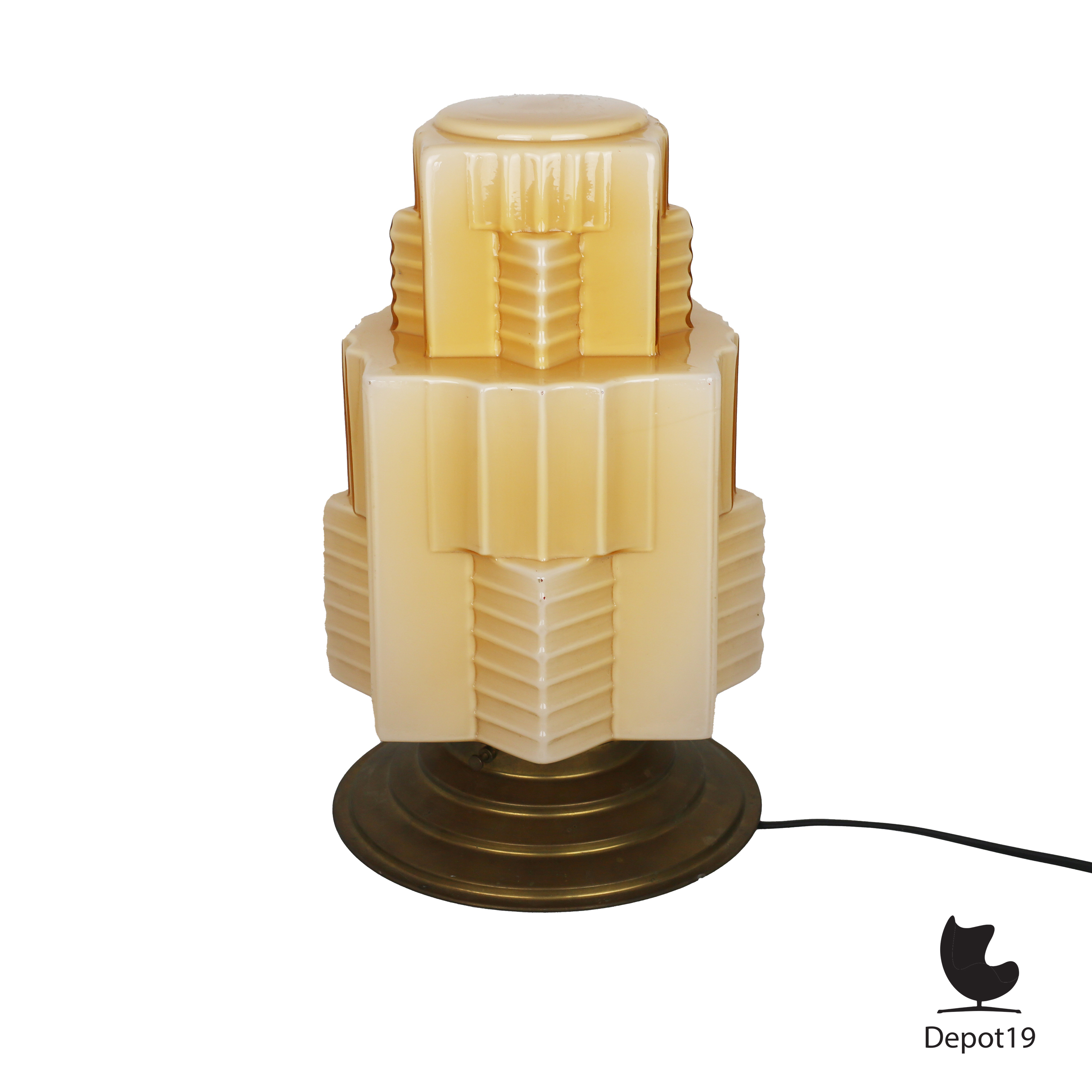 Britse Art Deco skyscraperkap tafellamp amberkleurig persglas ca 1930 6