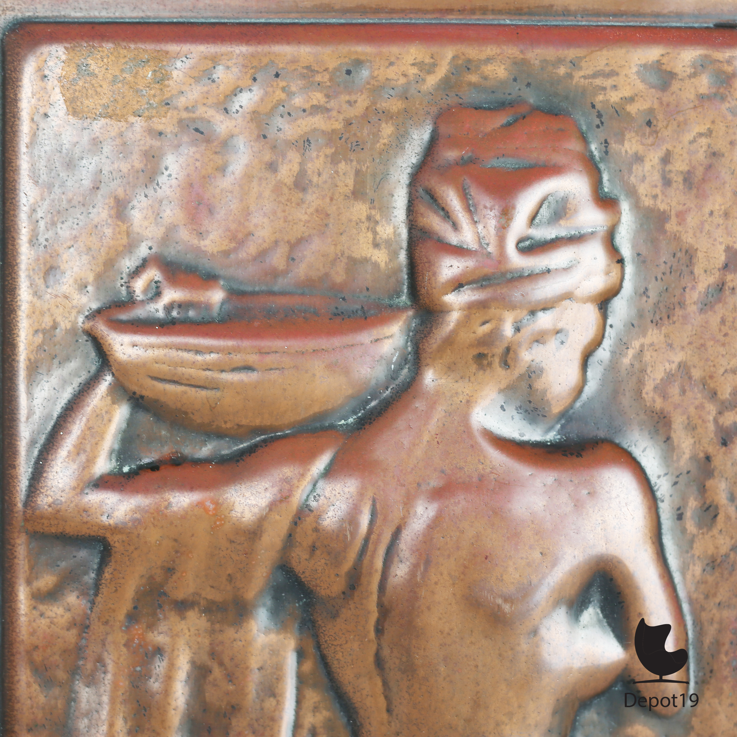 Charpentier Art Nouveau koperreliëf vrouw 1900 Frans gehamerd wandpaneel 1