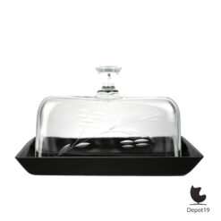 Leerdam toegeschreven glazen kaasstolp zwarte basis ca 1900 wit