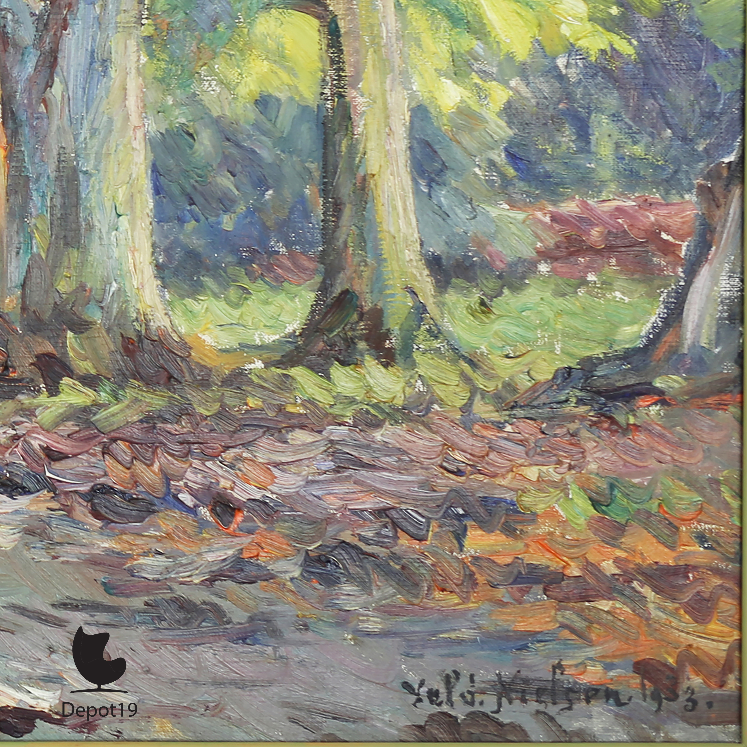 Valdemar Nielsen Bospad in Aars Skov olieverf schilderij 1933 signature