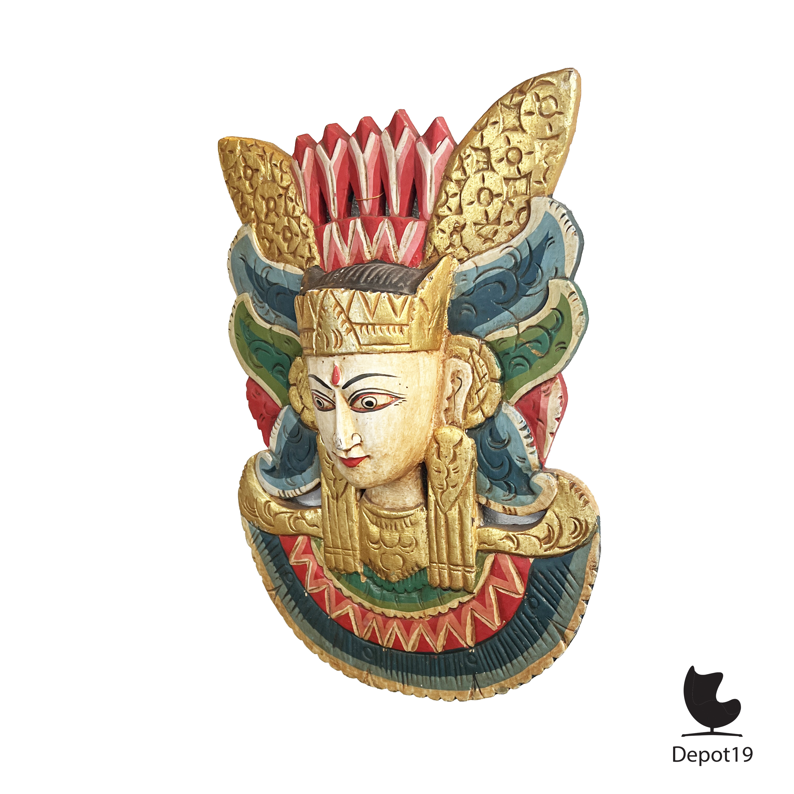 Balinees houtsnijwerk tempelmasker Arca gepolychromeerd en verguld 1930s 2