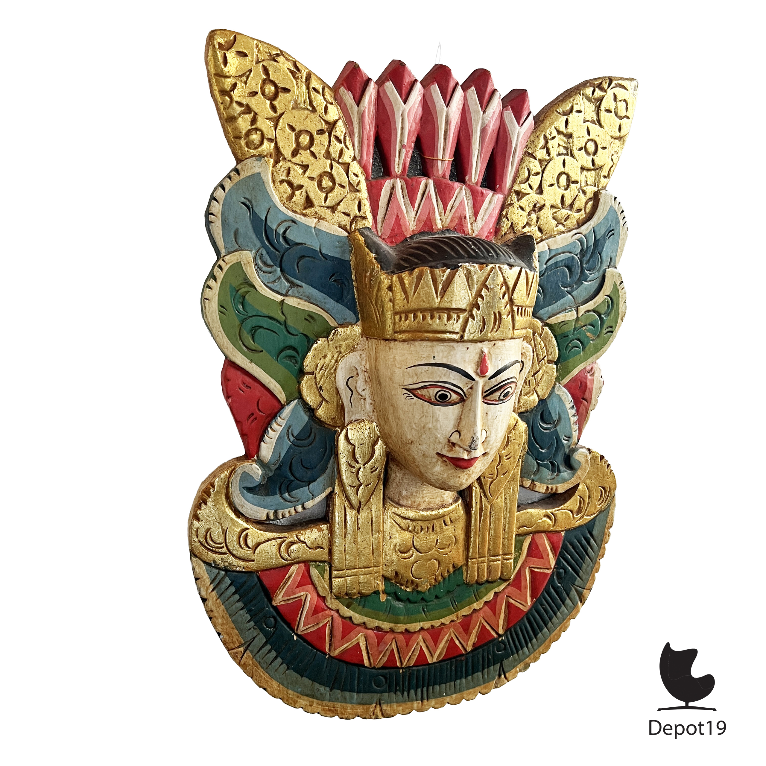 Balinees houtsnijwerk tempelmasker Arca gepolychromeerd en verguld 1930s 3